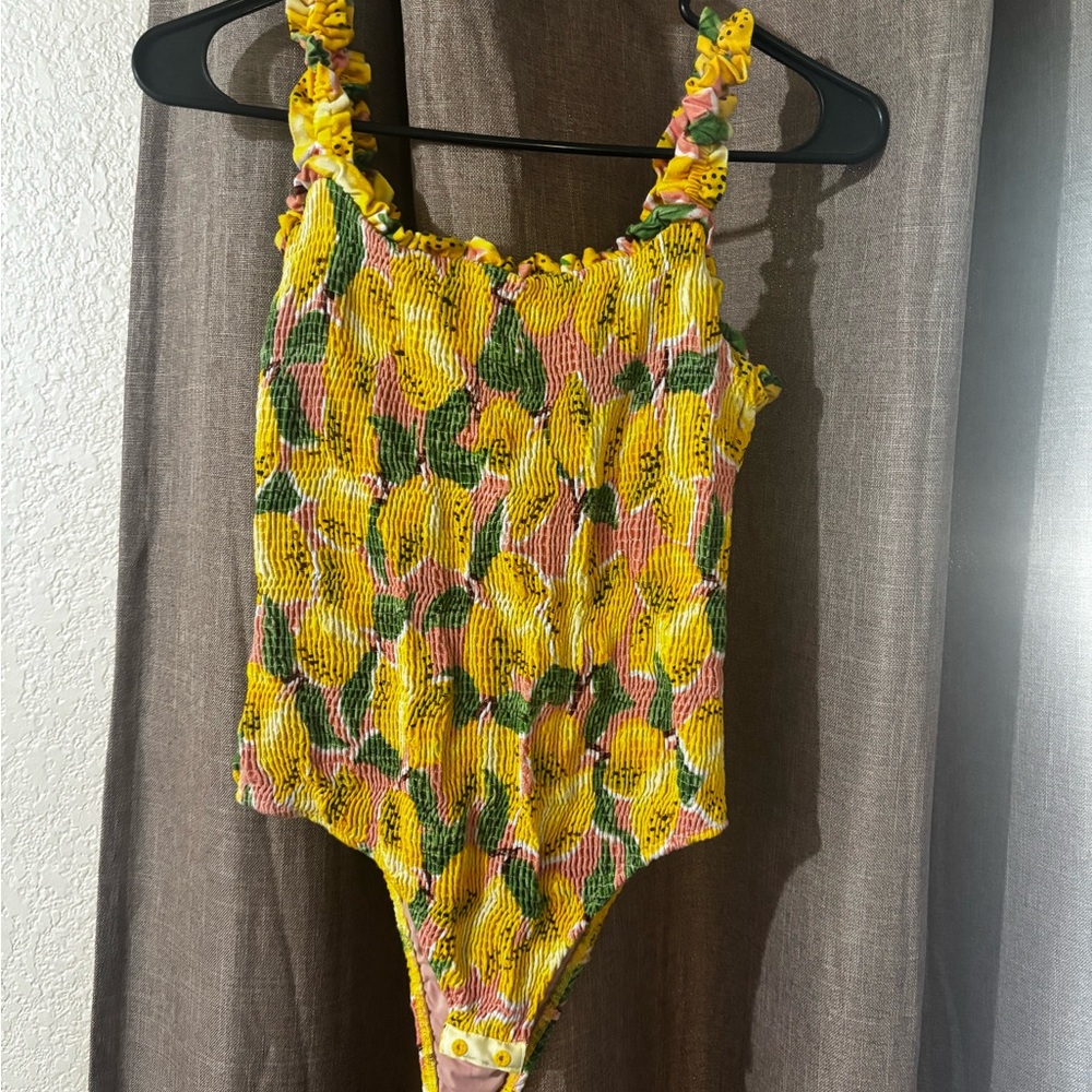 FARM Rio Vibrant Yellow and Green Lemon Ruffled Body Suit